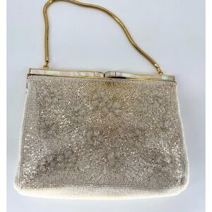 Vintage Beaded Evening Bag Ivory Pearl Floral Clutch Gold Handle